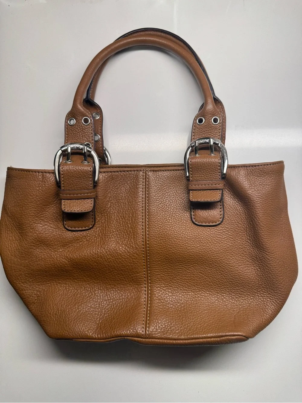 Tignanello Brown Pebbled Leather Tote Shoulder Bag Silver Buckles⁠